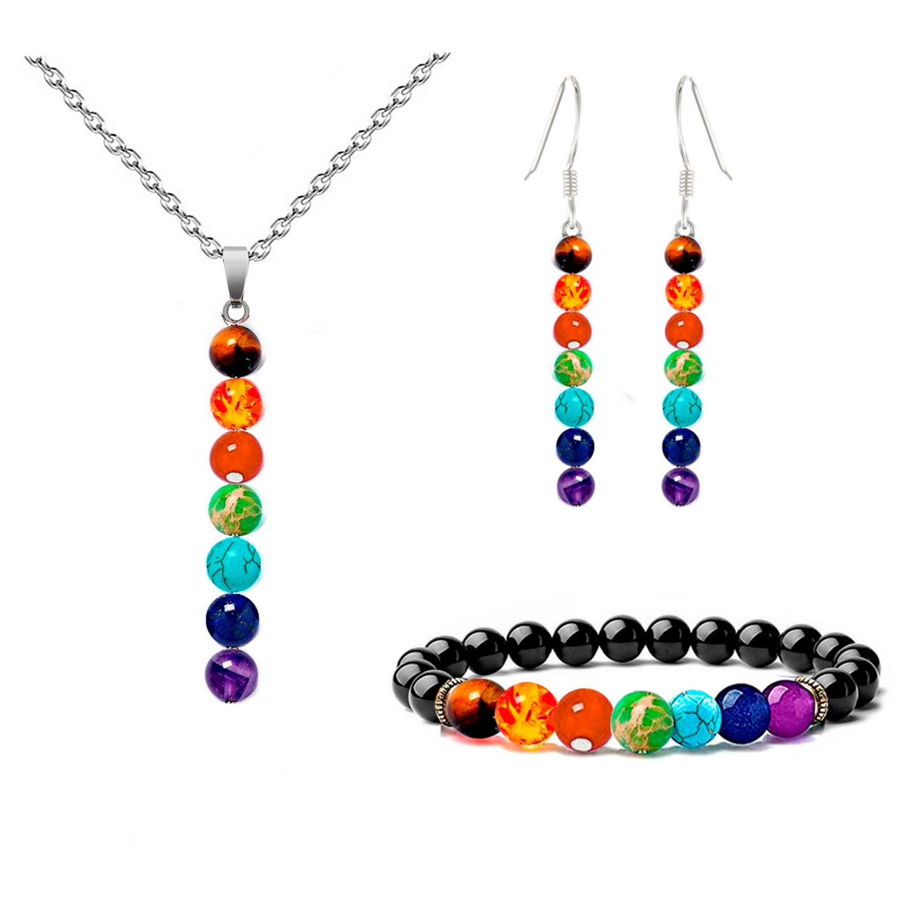 Juego Cuarzo 7 Chakras Collar Aretes Y Pulsera + Estuche 